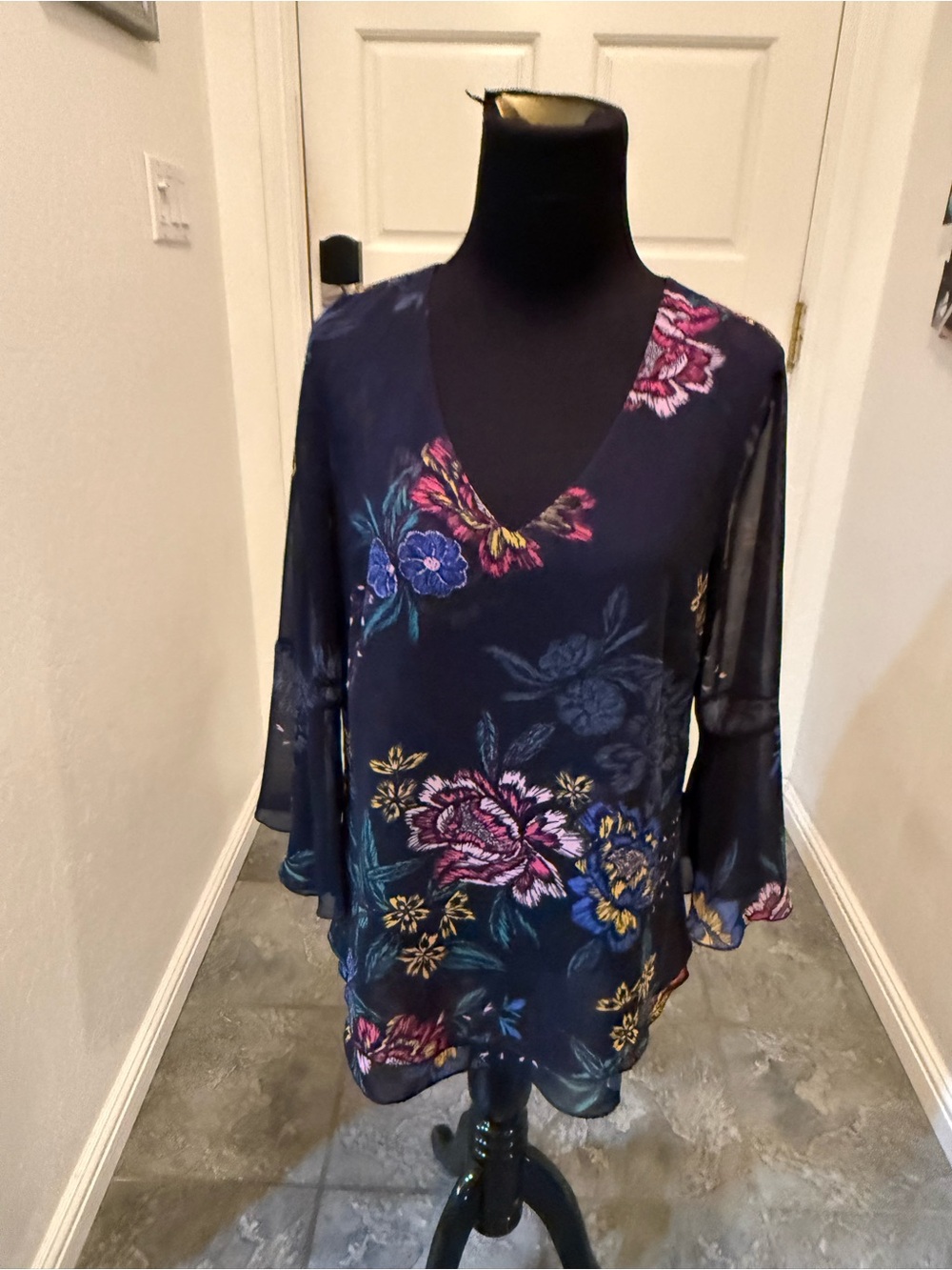 CAbi Navy Floral V-Neck Sheer Blouse with Multicolor Embroidery